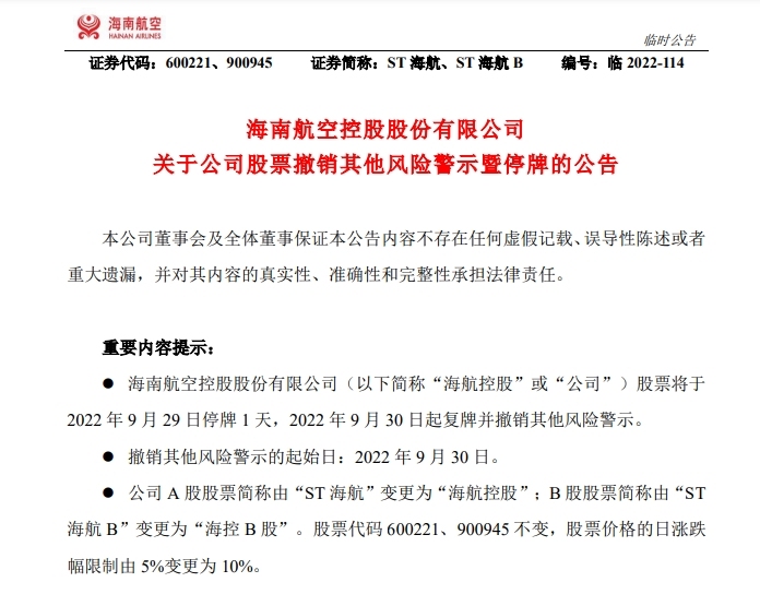 ST海航摘帽!9月30日起复牌并撤销其他风险警示592509_ ST海航摘帽!9月30日起复牌并撤销其他风险警示